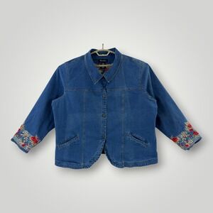 Denim & Co. Denim Jacket Womens 3X Blue Embroidered Floral Cuff Lined Casual